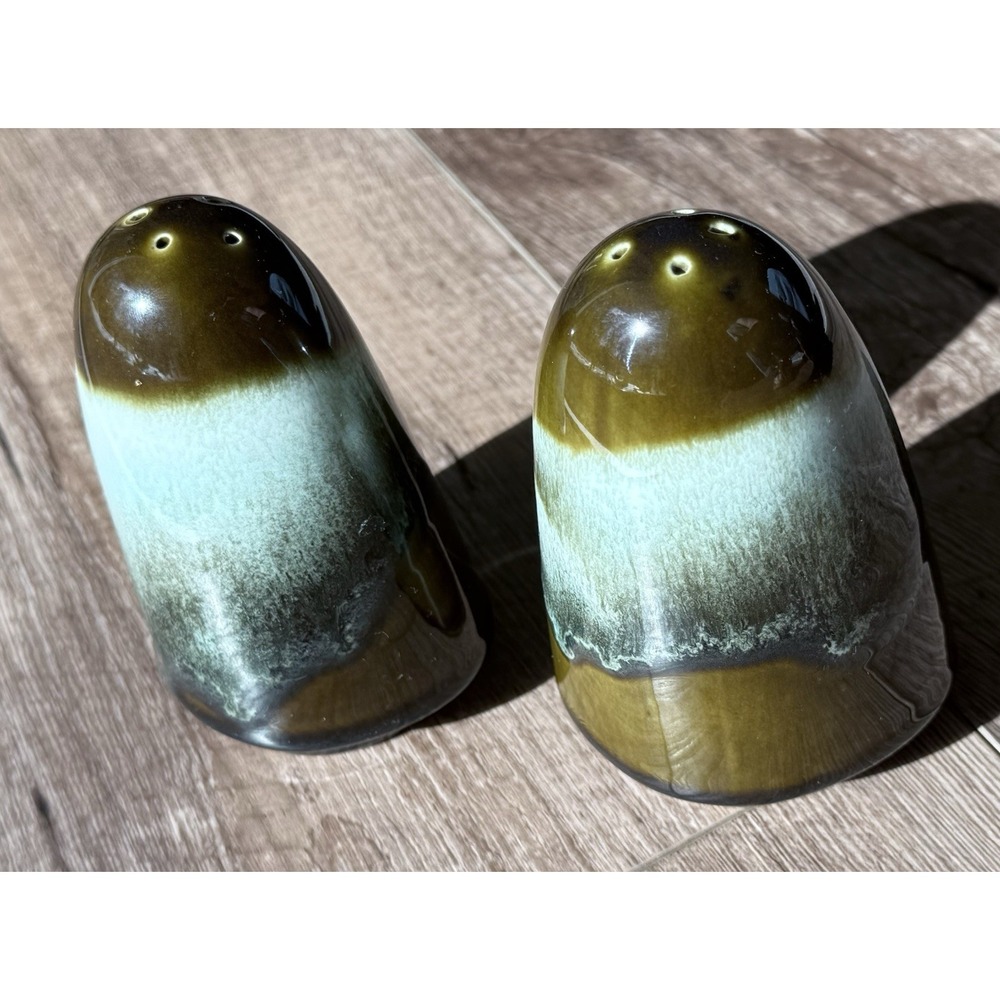 Vtg MCM Drip Glazed Brown Sage Green Salt And Pepper Shaker Set Ceramic